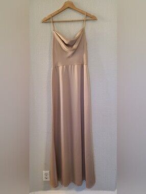 VOW'D Silky Satin Hickory Slip Dress Champagne Long Gown Maxi Dress Size 2